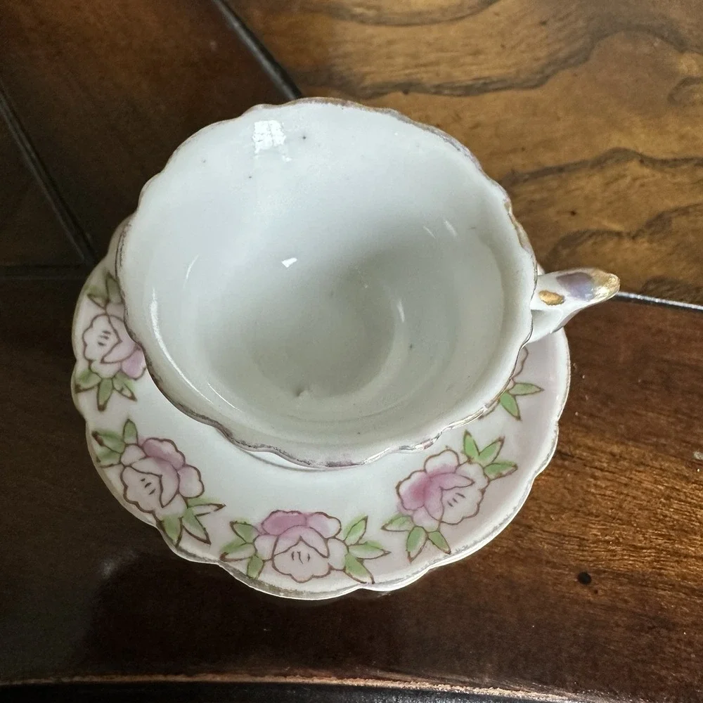 VTG Japanese Miniature Hand Painted Floral‎ Teacup w 2.5 Inch Saucer Set Signed